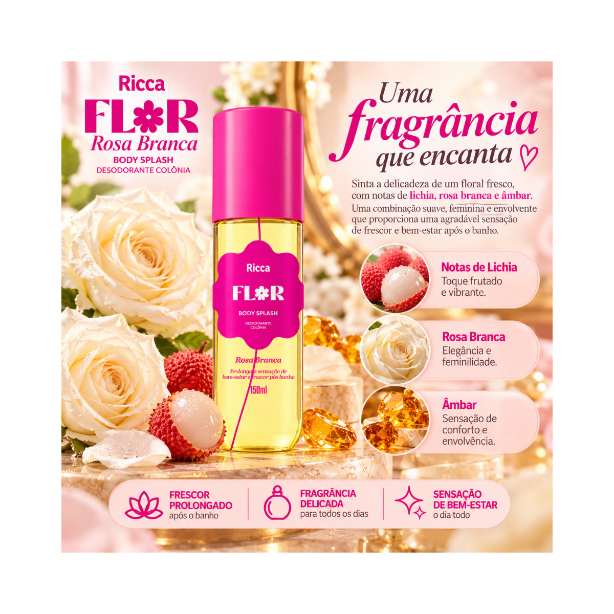 BODY SPLASH DEO COLÔNIA RICCA FLOR ROSA BRANCA 150ML