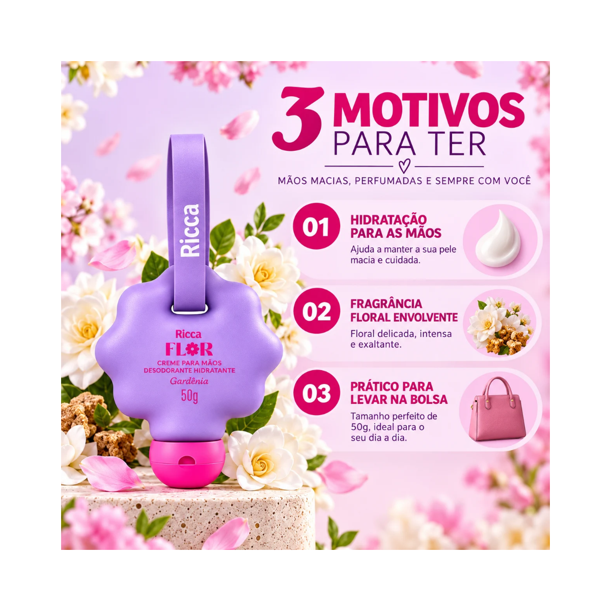 CREME PARA MÃOS DEO HIDRATANTE RICCA FLOR GARDÊNIA 50ML