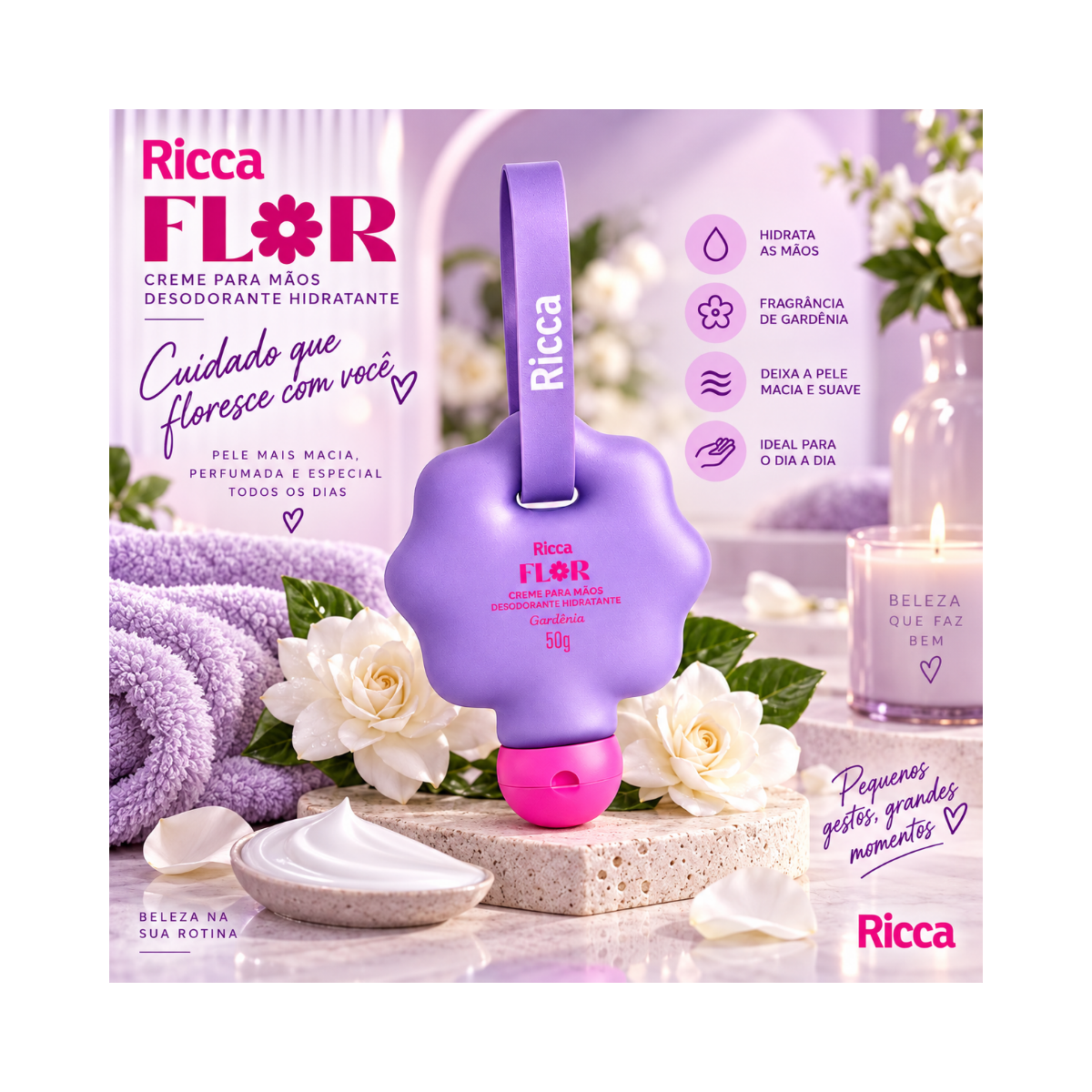 CREME PARA MÃOS DEO HIDRATANTE RICCA FLOR GARDÊNIA 50ML