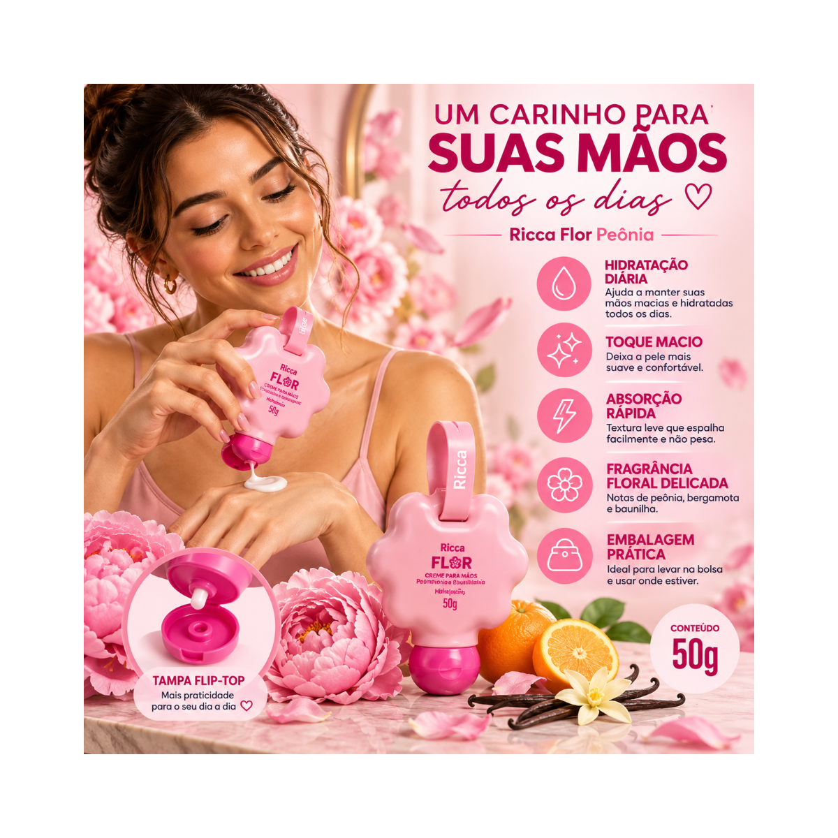 CREME PARA MÃOS DEO HIDRATANTE RICCA FLOR PEÔNIA 50ML