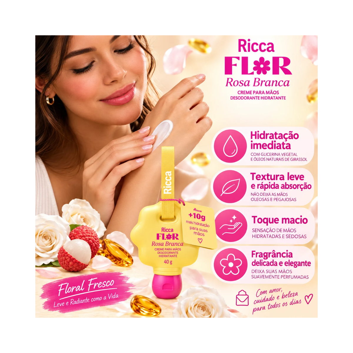 CREME PARA MÃOS DEO HIDRATANTE RICCA FLOR ROSA BRANCA 50ML