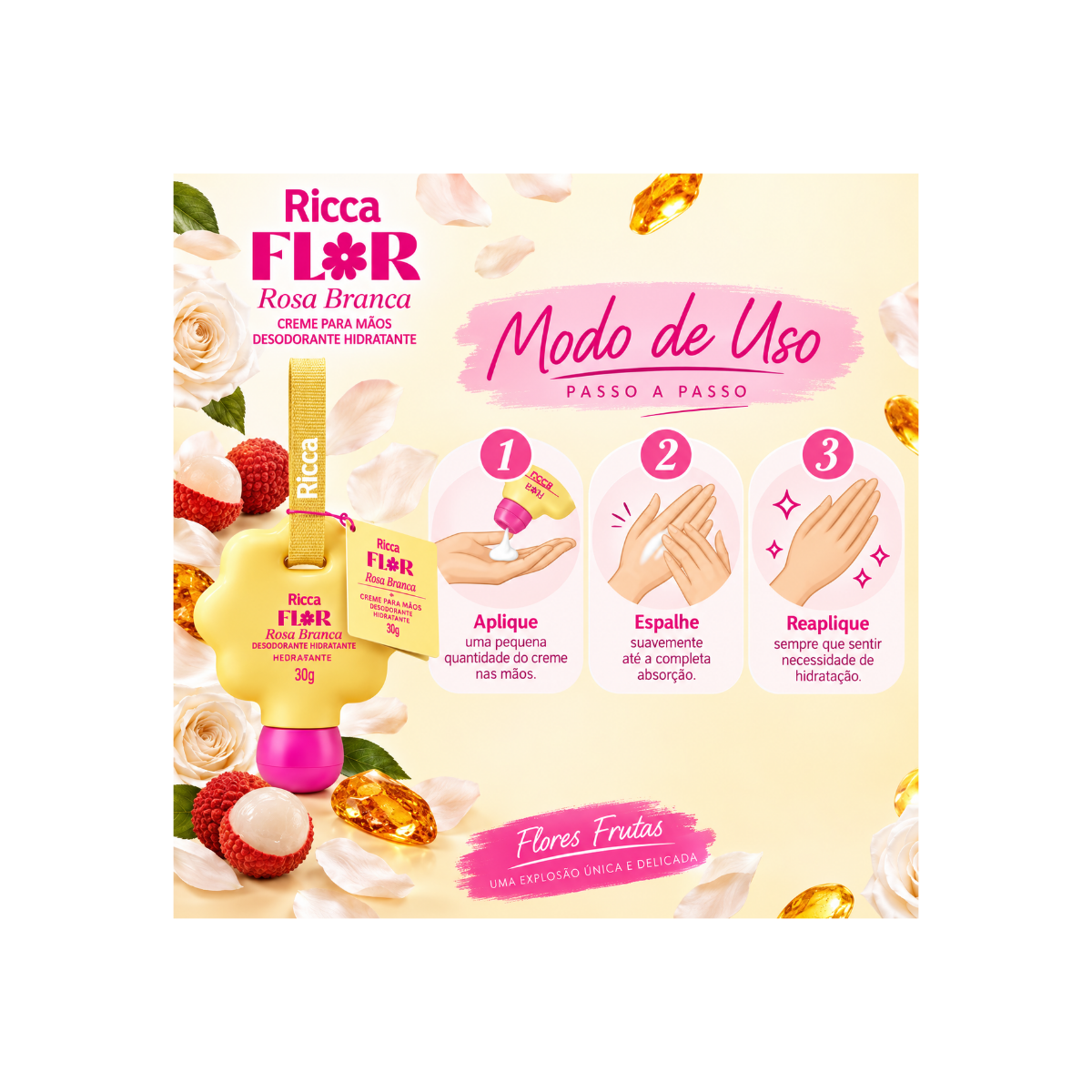 CREME PARA MÃOS DEO HIDRATANTE RICCA FLOR ROSA BRANCA 50ML
