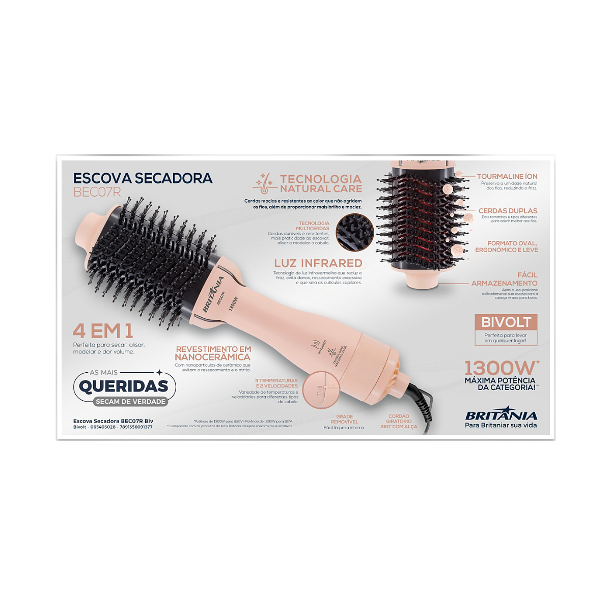 ESCOVA SECADORA SOFT 4EM1 BRITÂNIA BEC07R BIVOLT