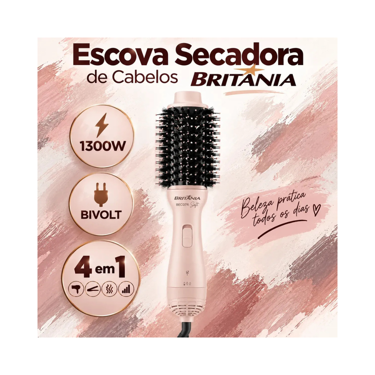 ESCOVA SECADORA SOFT 4EM1 BRITÂNIA BEC07R BIVOLT