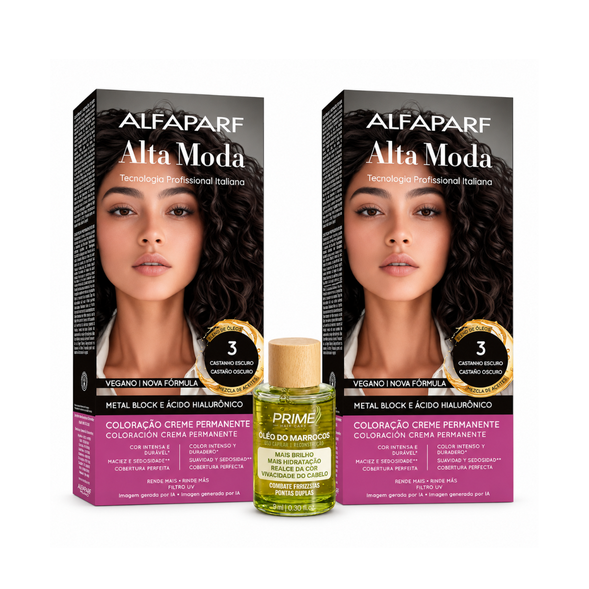KIT ALTA MODA 2 COLORAÇÕES 3.0 CASTANHO ESCURO + ÓLEO DE ARGAN MARROCOS