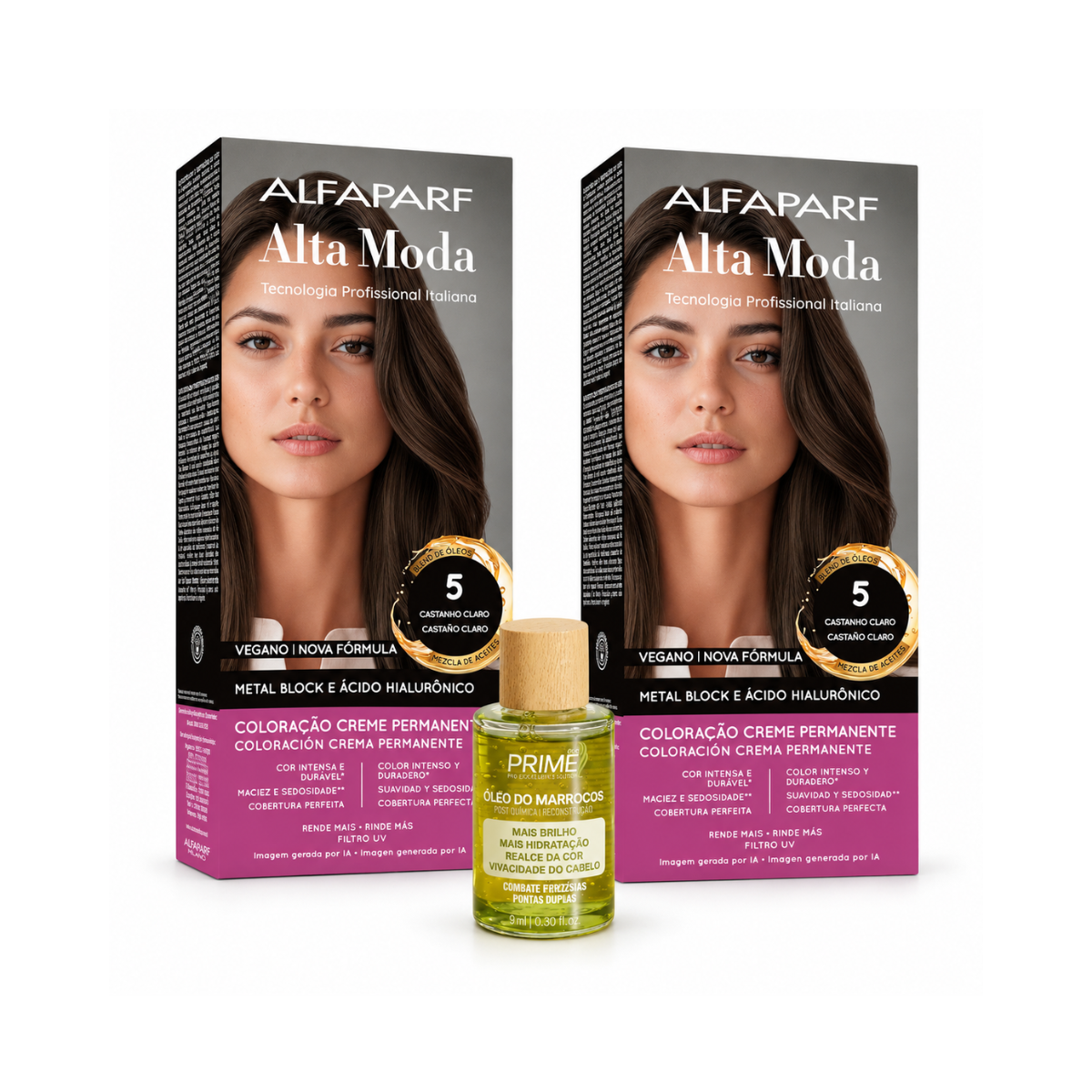 KIT ALTA MODA 2 COLORAÇÕES 5.0 CASTANHO CLARO + ÓLEO DE ARGAN MARROCOS