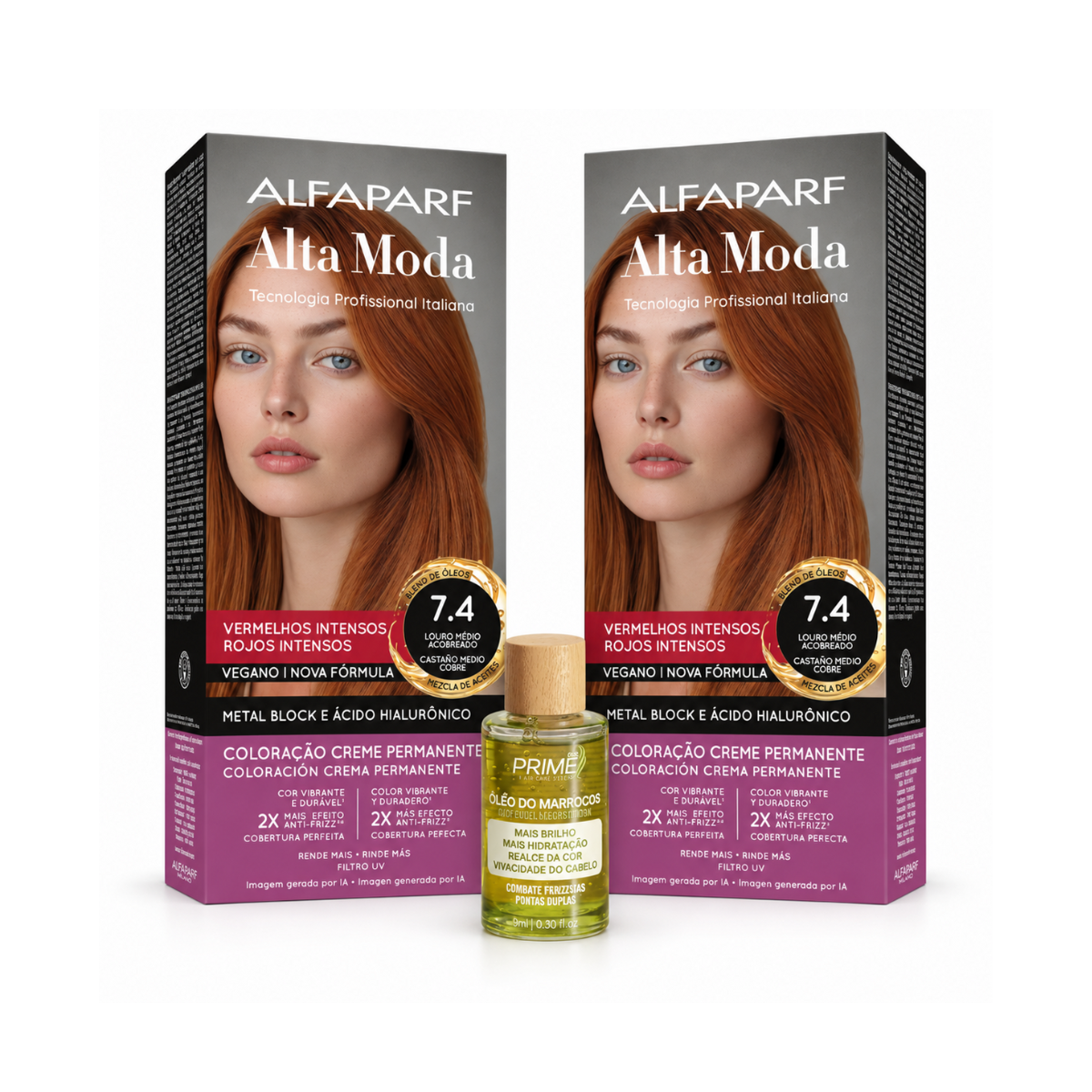 KIT ALTA MODA 2 COLORAÇÕES 7.4 LOURO MÉDIO ACOBREADO + ÓLEO DE ARGAN MARROCOS