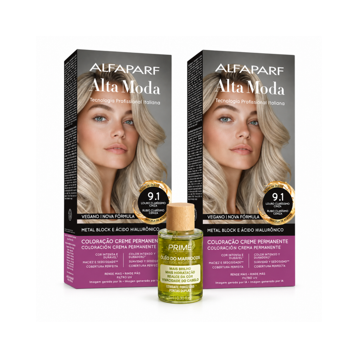KIT ALTA MODA 2 COLORAÇÕES 9.1 LOURO CLARÍSSIMO CINZA + ÓLEO DE ARGAN MARROCOS