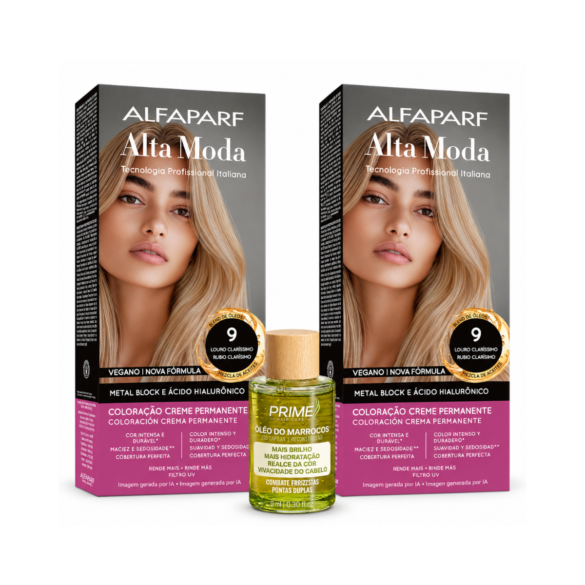KIT ALTA MODA 2COLORAÇÕES 9.0 LOURO CLARÍSSIMO + ÓLEO DE ARGAN MARROCOS