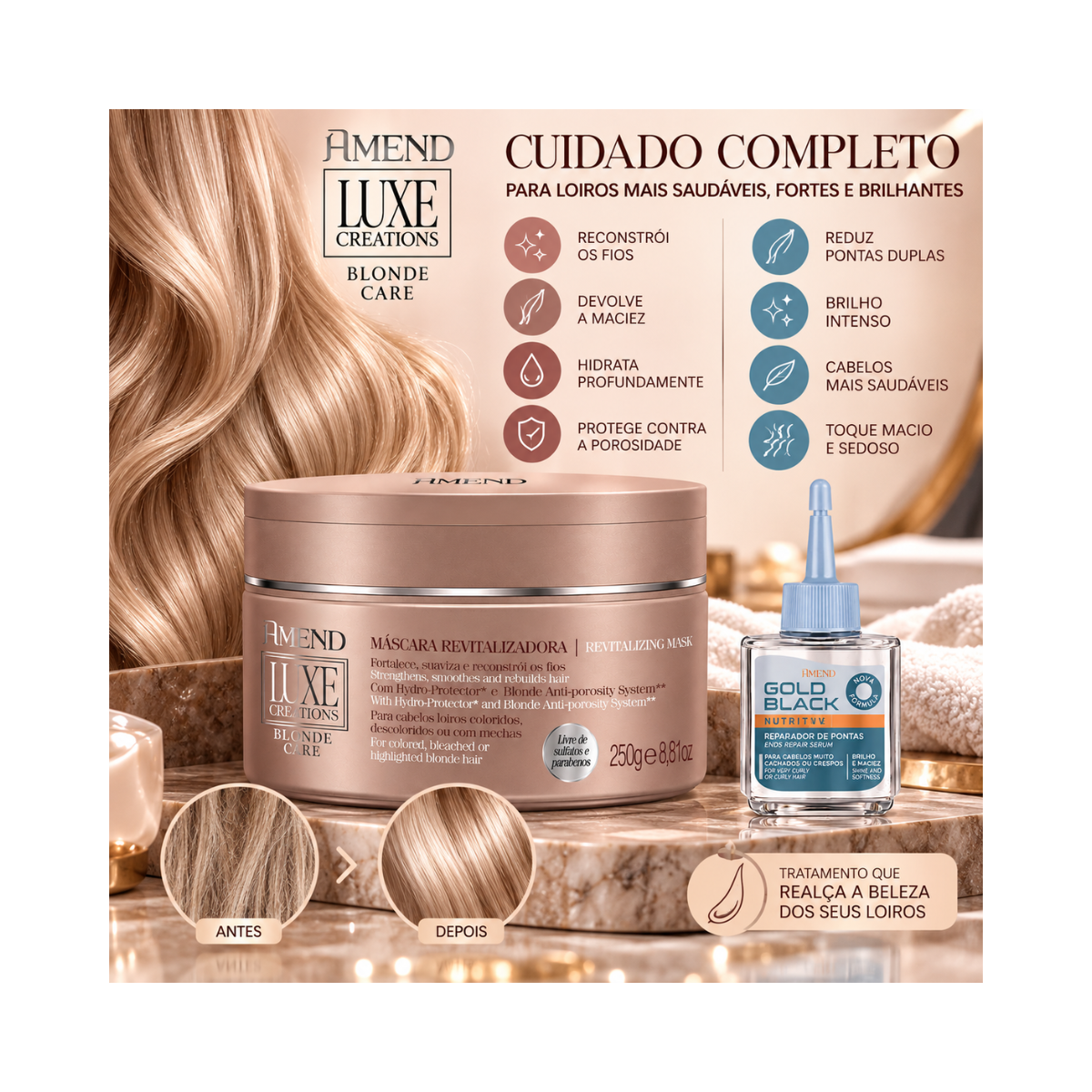 KIT AMEND BLONDE CARE MASC 250GR + REPARADOR GOLD BLACK 30ML