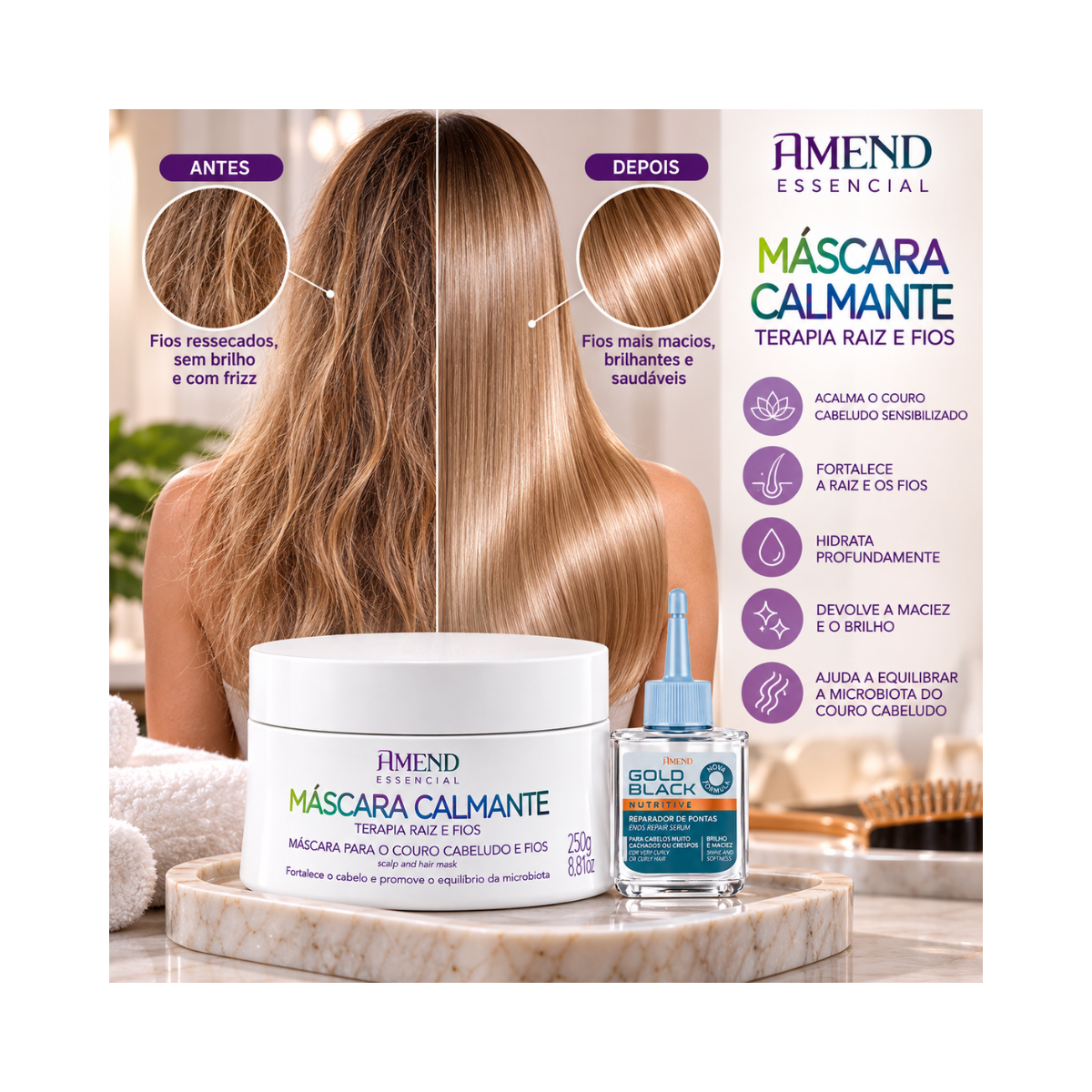 KIT AMEND MASC CALMANTE 250G + REPARADOR GOLD BLACK 30ML 