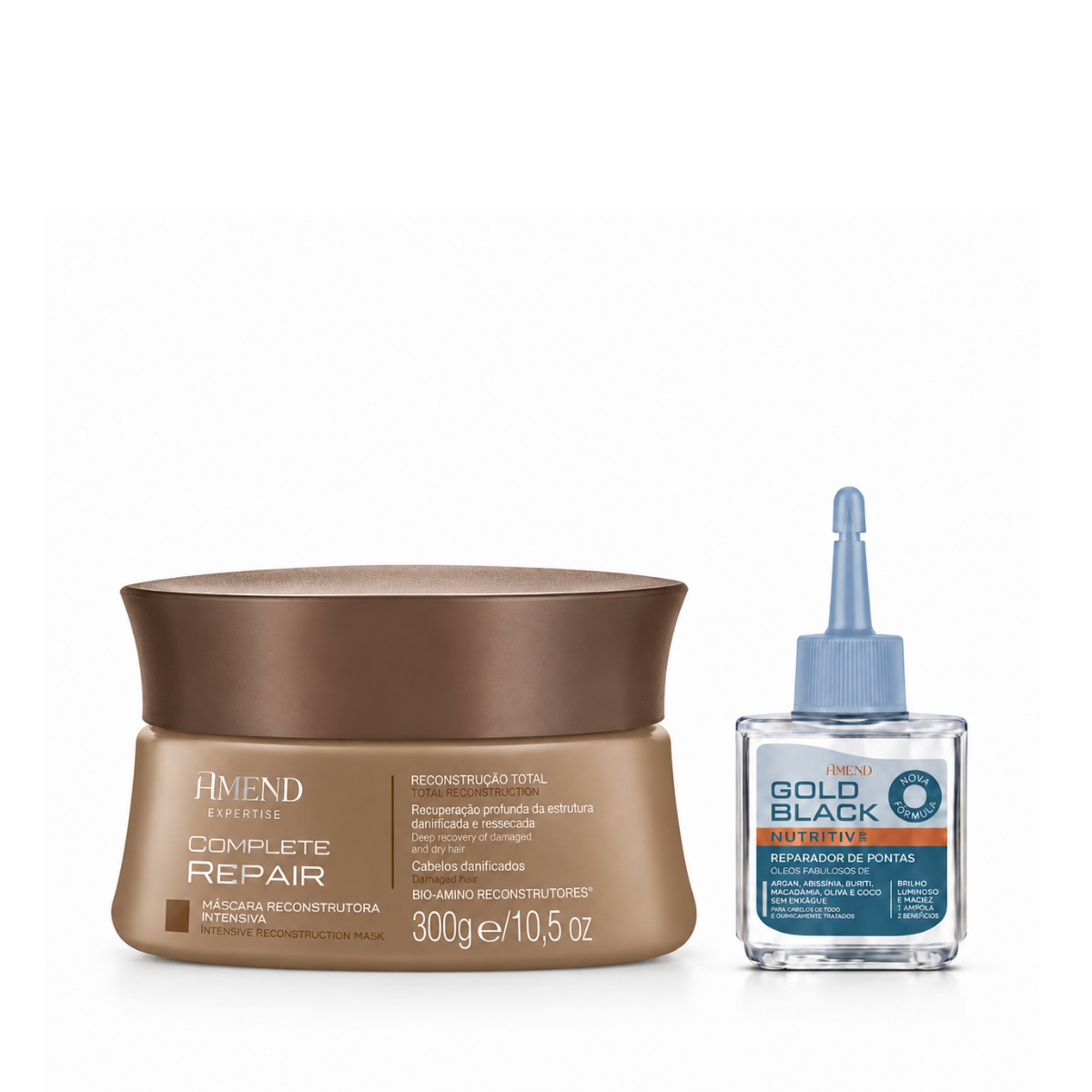 KIT AMEND MASC COMPLETE REPAIR 300G + REPARADOR GOLD BLACK 30ML