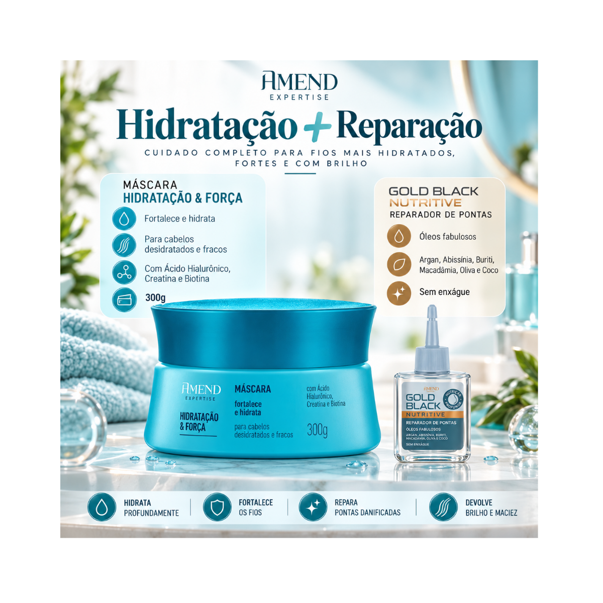 KIT AMEND MASC HIDRAT FORÇA 300G + GOLD BLACK REPARADOR DE PONTAS 30ML