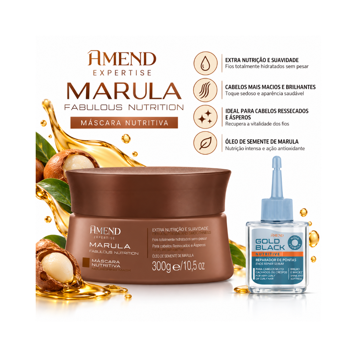 KIT AMEND MASC MARULA 300GR + GOLD BLACK REPARADOR DE PONTAS 30ML