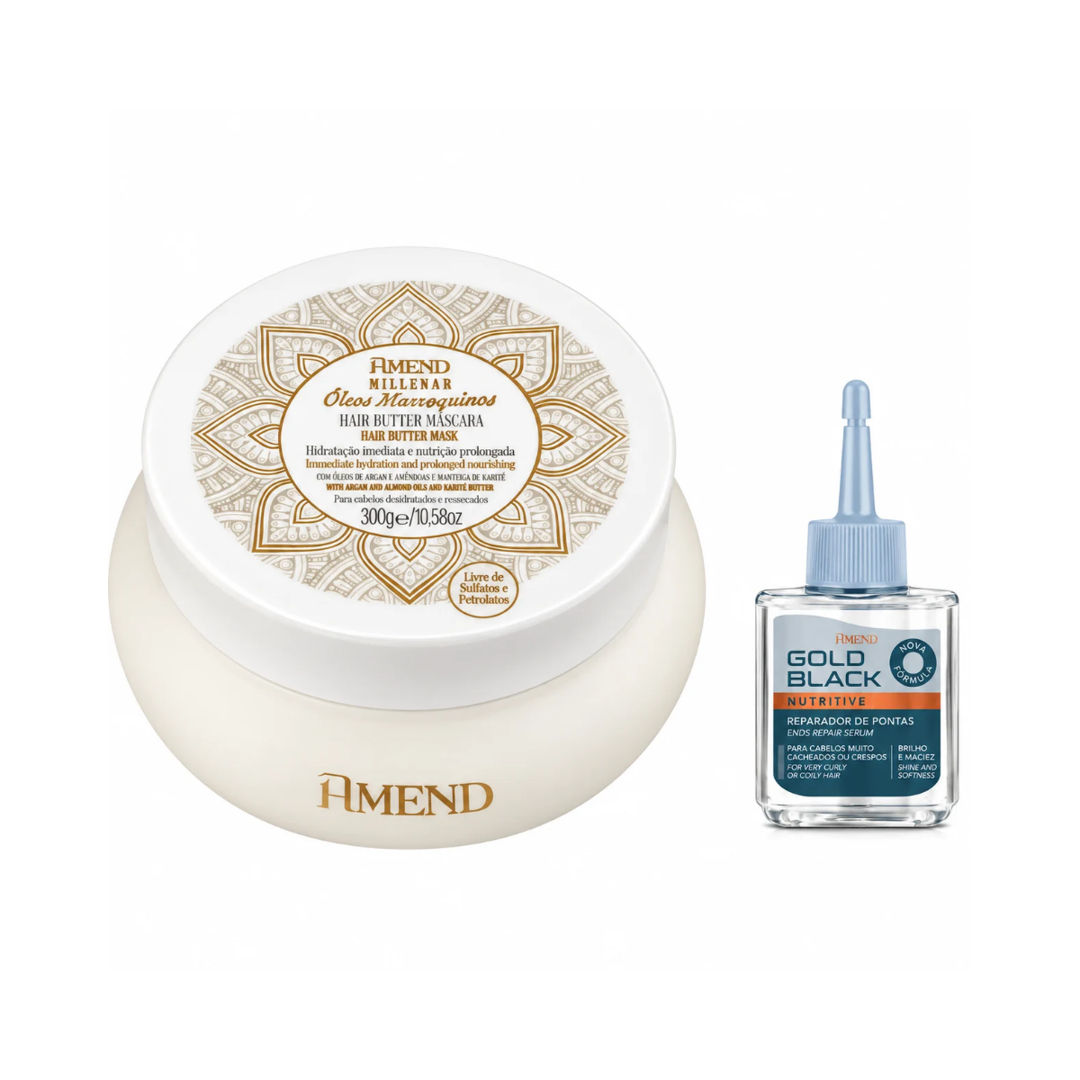 KIT AMEND MASC MILLENAR MARROQUINOS 300G + REPARADOR GOLD BLACK 30ML