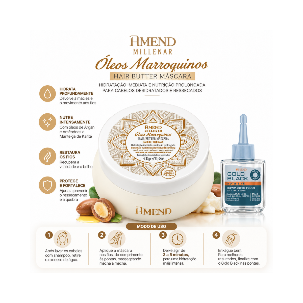 KIT AMEND MASC MILLENAR MARROQUINOS 300G + REPARADOR GOLD BLACK 30ML