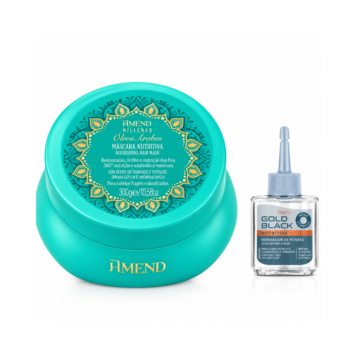 KIT AMEND MASC MILLENAR OLEOS ARABES 300G + REPARADOR GOLD BLACK 30ML 