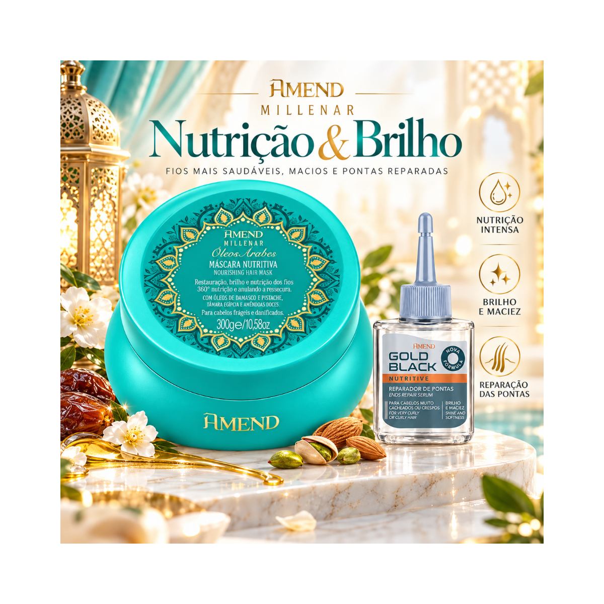 KIT AMEND MASC MILLENAR OLEOS ARABES 300G + REPARADOR GOLD BLACK 30ML 