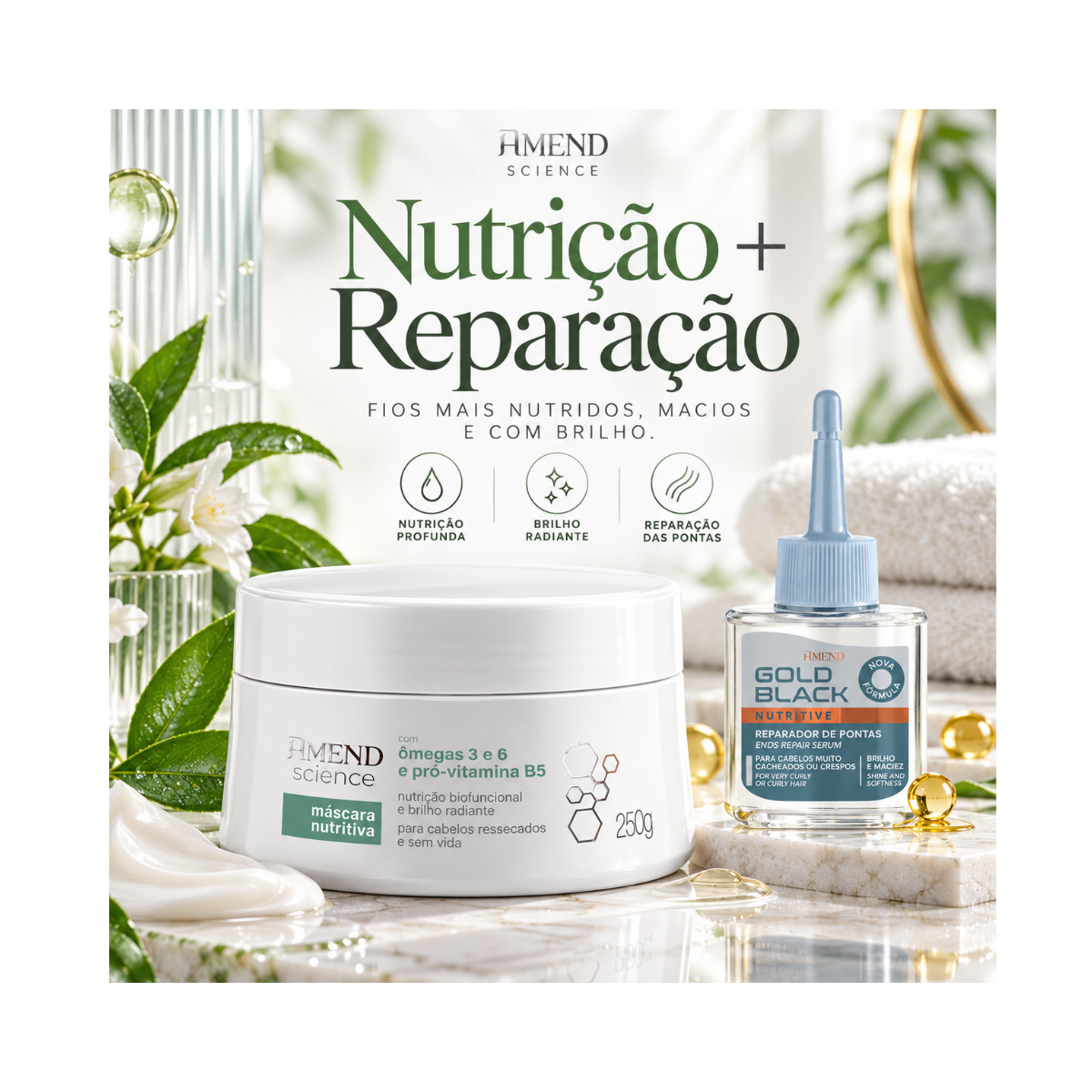 KIT AMEND MÁSCARA ÔMEGA 3 E 6 250G + REPARADOR GOLD BLACK 30ML