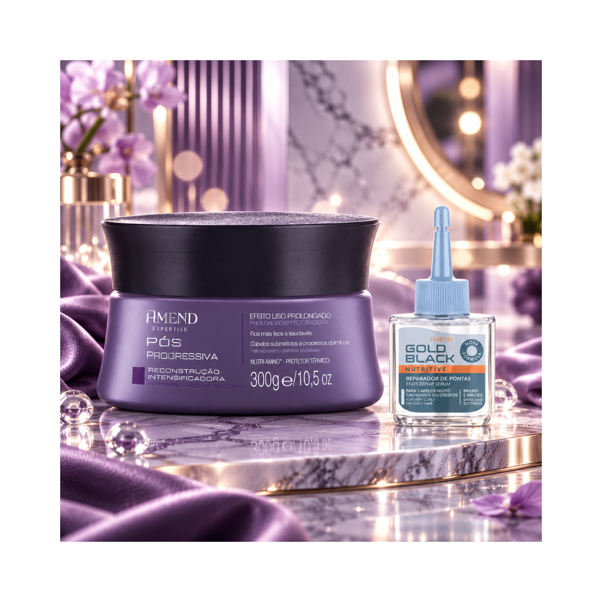 KIT AMEND MÁSCARA PÓS PROGRESSIVA 300G + REPARADOR GOLD BLACK 30ML