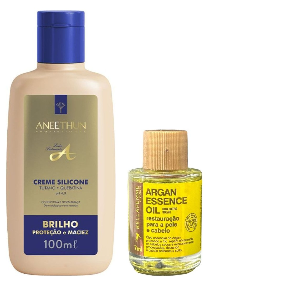 KIT ANEETHUN CREME DE SILICONE LINHA A 100ML + ÓLEO DE ARGAN BELLA FEME 7ML