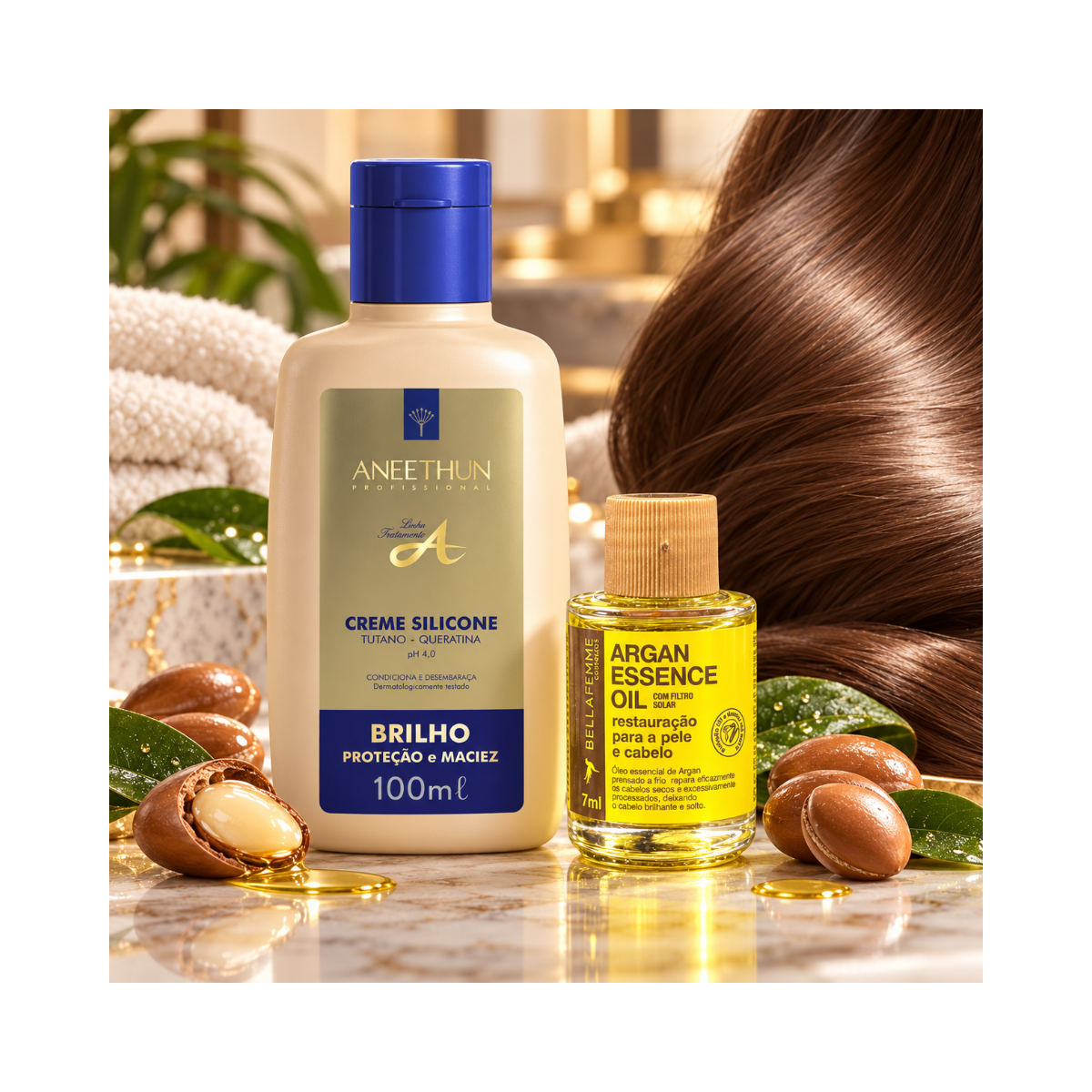 KIT ANEETHUN CREME DE SILICONE LINHA A 100ML + ÓLEO DE ARGAN BELLA FEME 7ML