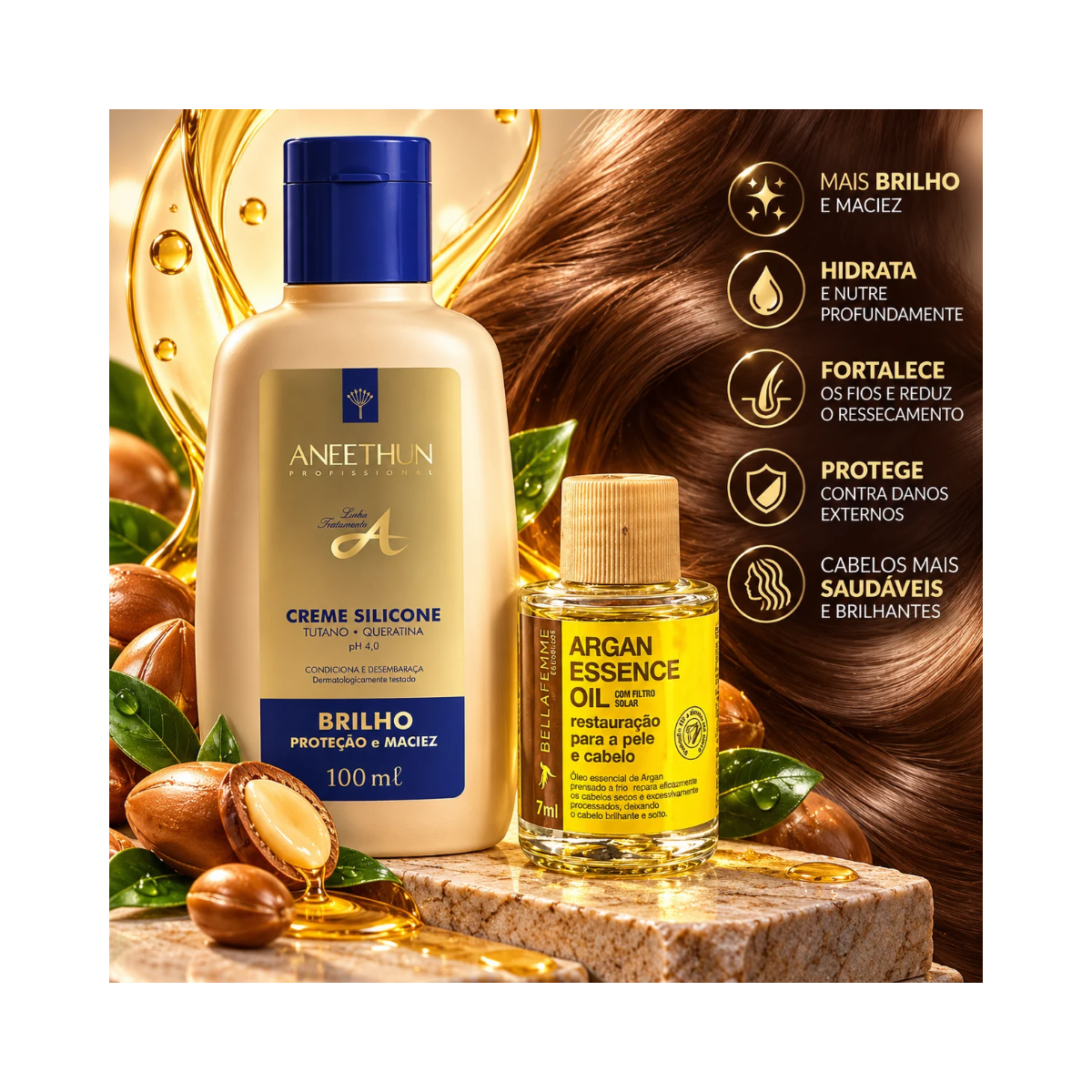 KIT ANEETHUN CREME DE SILICONE LINHA A 100ML + ÓLEO DE ARGAN BELLA FEME 7ML