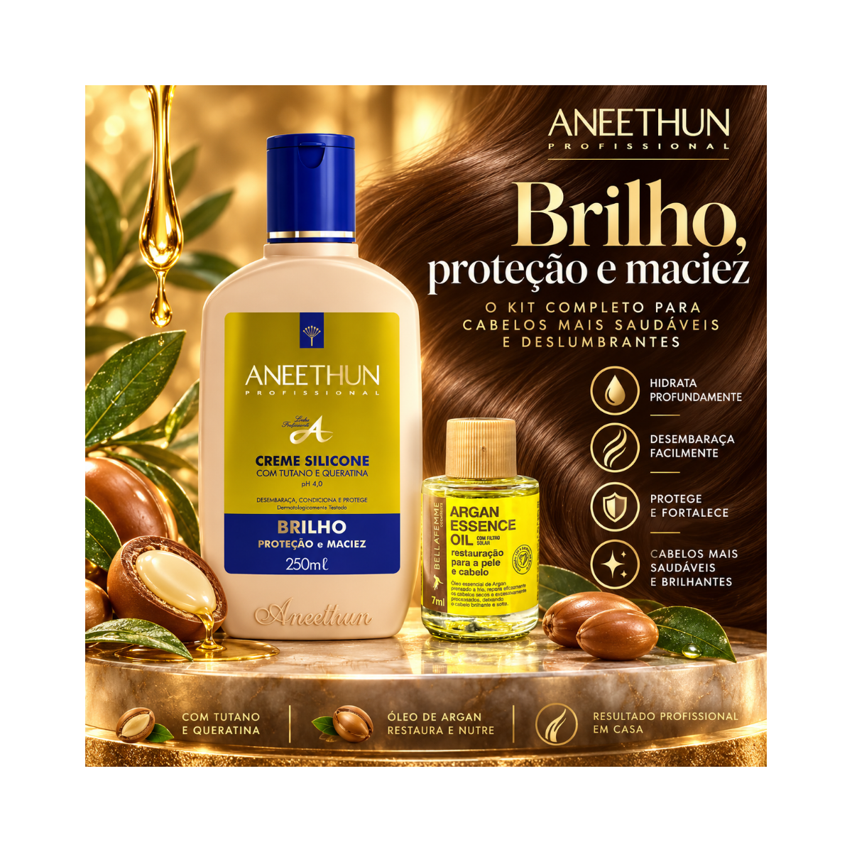 KIT ANEETHUN CREME SILICONE LINHA A 250ML + ÓLEO ARGAN BELLA FEME 7ML