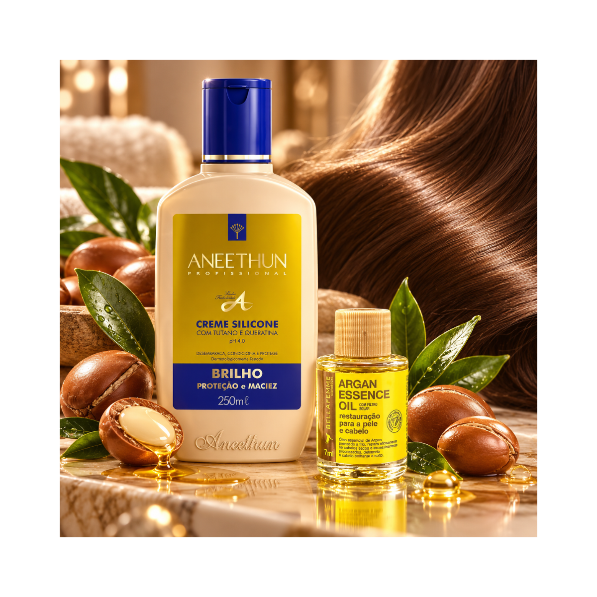 KIT ANEETHUN CREME SILICONE LINHA A 250ML + ÓLEO ARGAN BELLA FEME 7ML