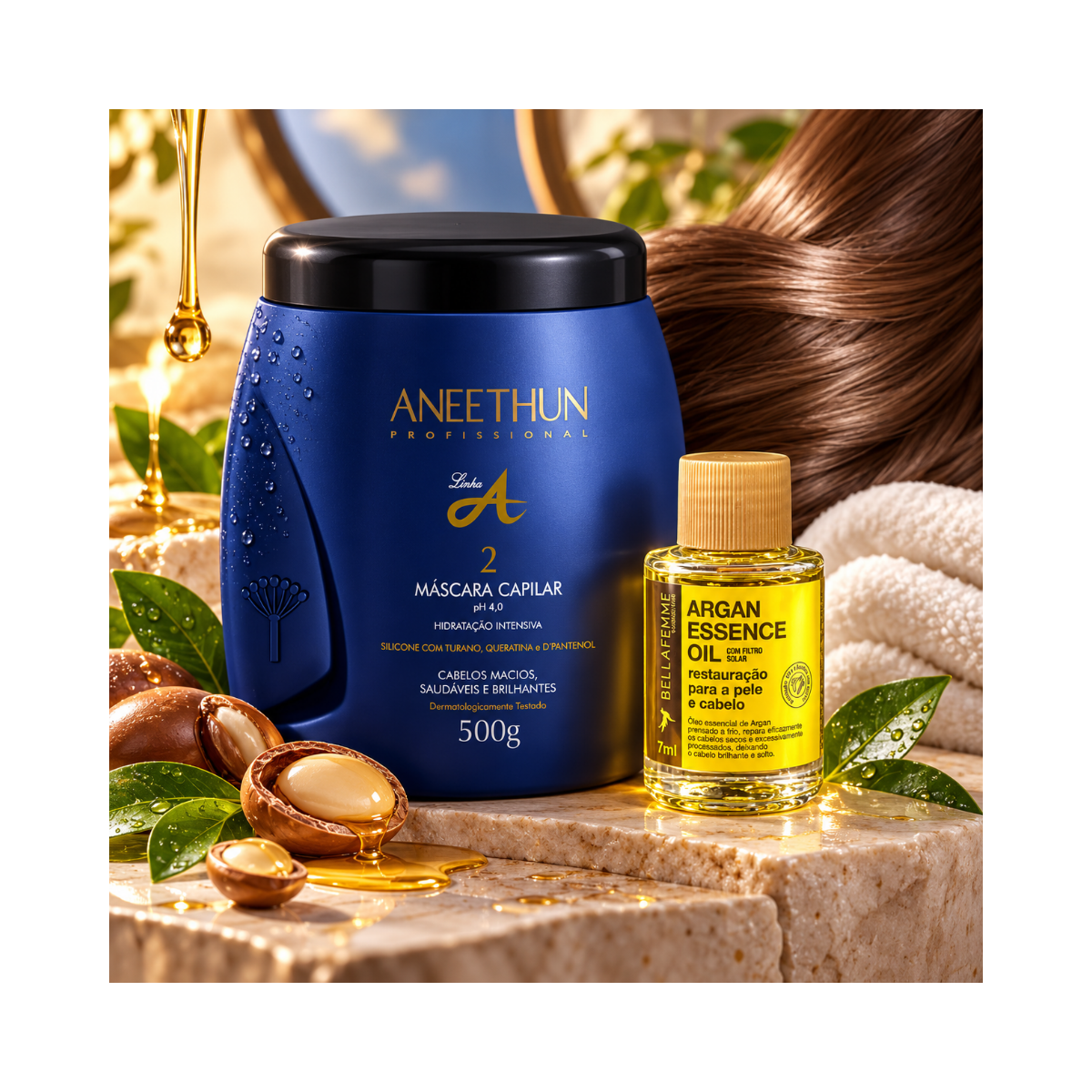 KIT ANEETHUN MÁSCARA LINHA A 500G + ÓLEO DE ARGAN BELLA FEMME 7ML