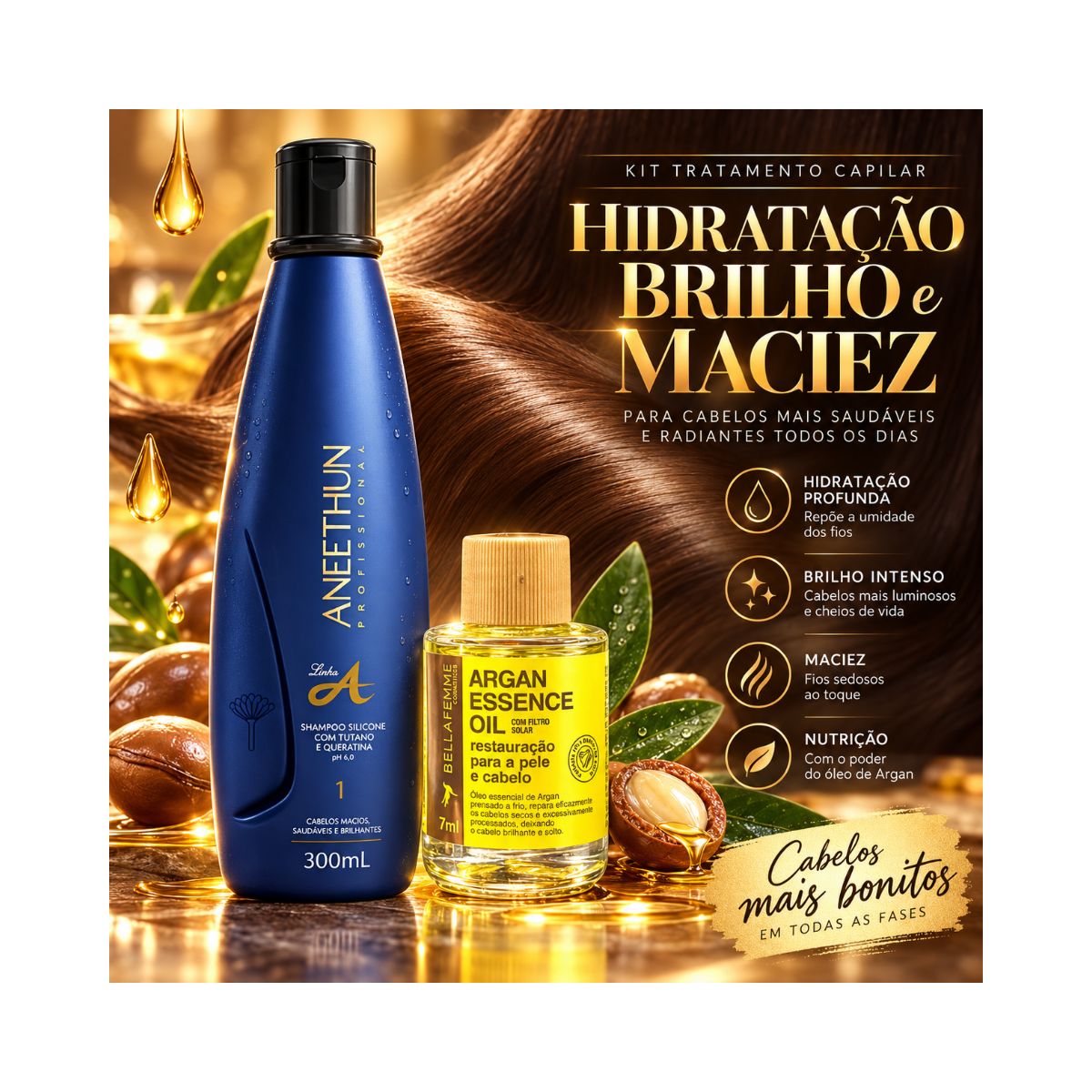 KIT ANEETHUN SHAMPOO LINHA A 300ML + ÓLEO DE ARGAN BELLA FEMME 7ML