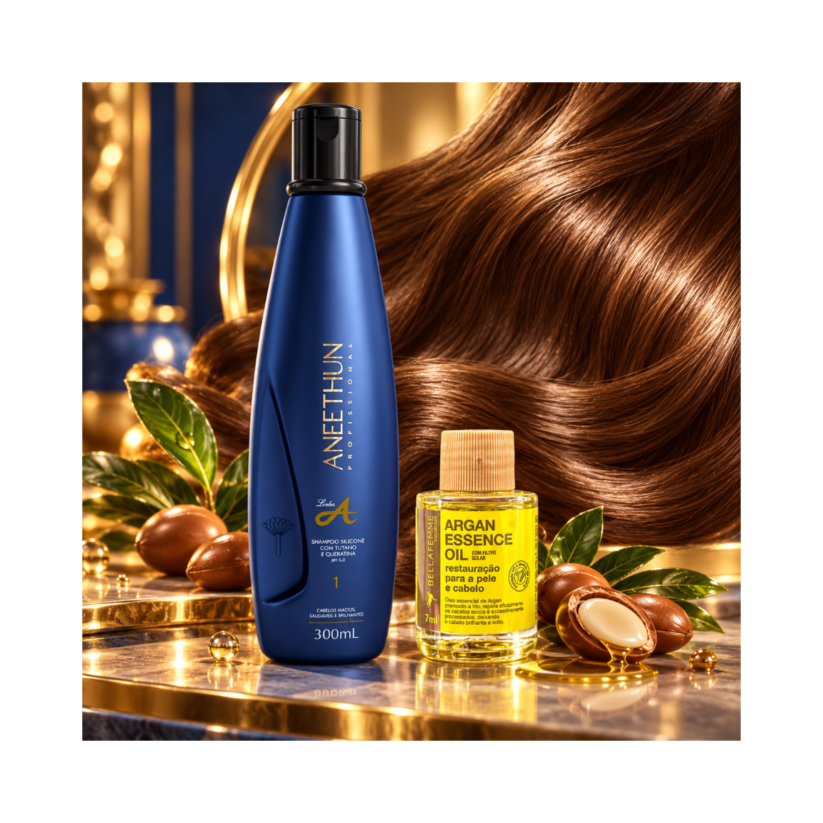 KIT ANEETHUN SHAMPOO LINHA A 300ML + ÓLEO DE ARGAN BELLA FEMME 7ML