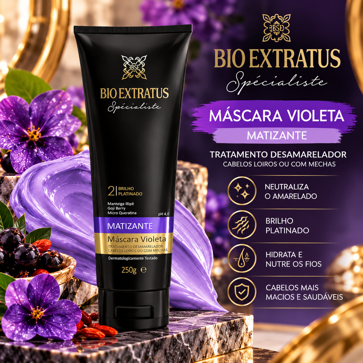 KIT BIO EXTRATUS MÁSCARA MATIZANTE VIOLETA 250G + ACESSÓRIO SORTIDO