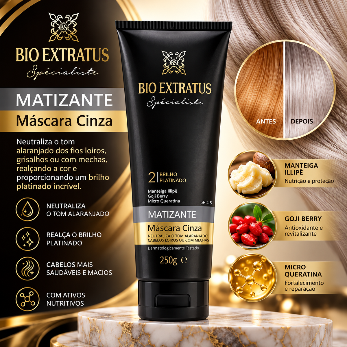 KIT BIO EXTRATUS MÁSCARA SPÉCIALISTE CINZA MATIZANTE 250G + ACESSÓRIO SORTIDO