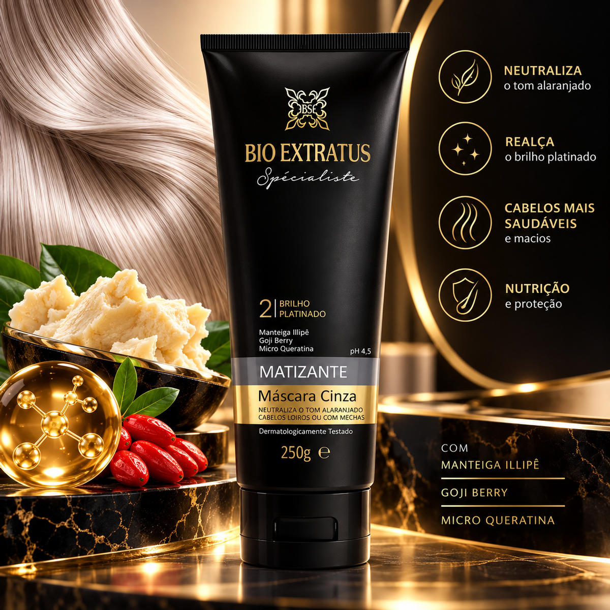 KIT BIO EXTRATUS MÁSCARA SPÉCIALISTE CINZA MATIZANTE 250G + ACESSÓRIO SORTIDO