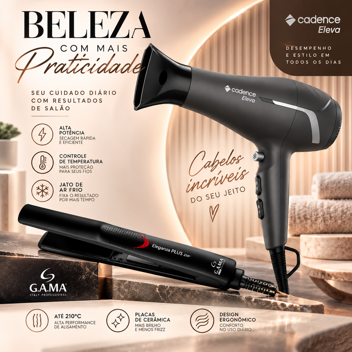 KIT CADENCE SECADOR ELEVA 565 127V + PRANCHA GAMA ELEGANZA PLUS 210º BIVOLT