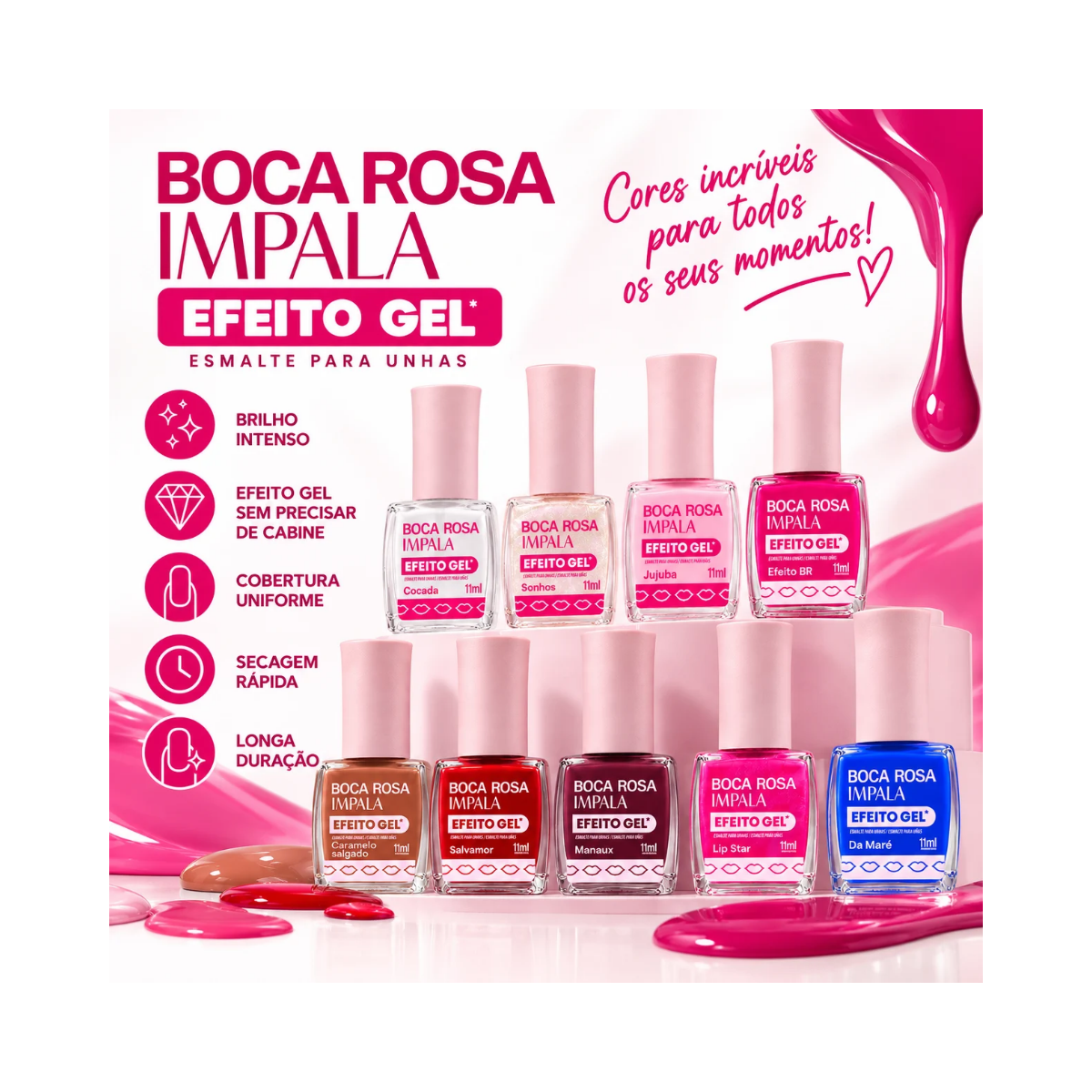 KIT IMPALA ESMALTES COLEÇÃO BOCA ROSA 9 CORES + TOP COAT 10x11ML