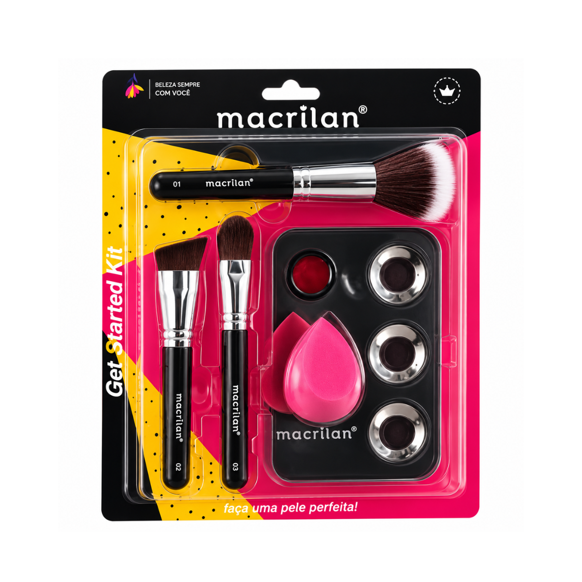 KIT KP10-1 COM 3 PINCÉIS PARA MAQUIAGEM, 1 ESPONJA E 1 PLACA MACRILAN