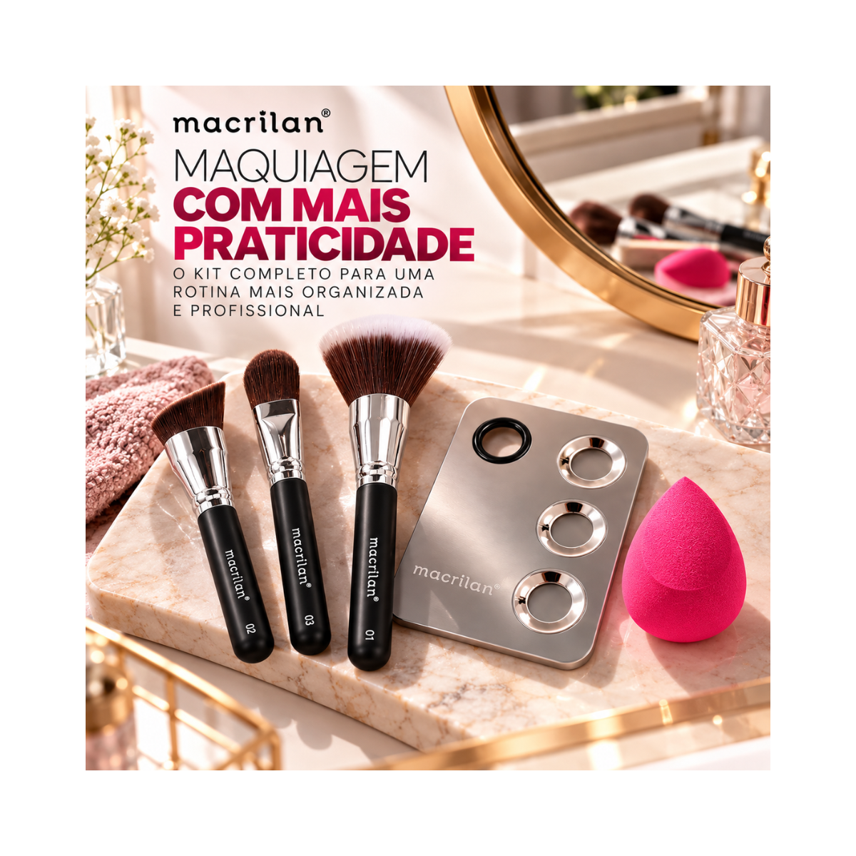 KIT KP10-1 COM 3 PINCÉIS PARA MAQUIAGEM, 1 ESPONJA E 1 PLACA MACRILAN
