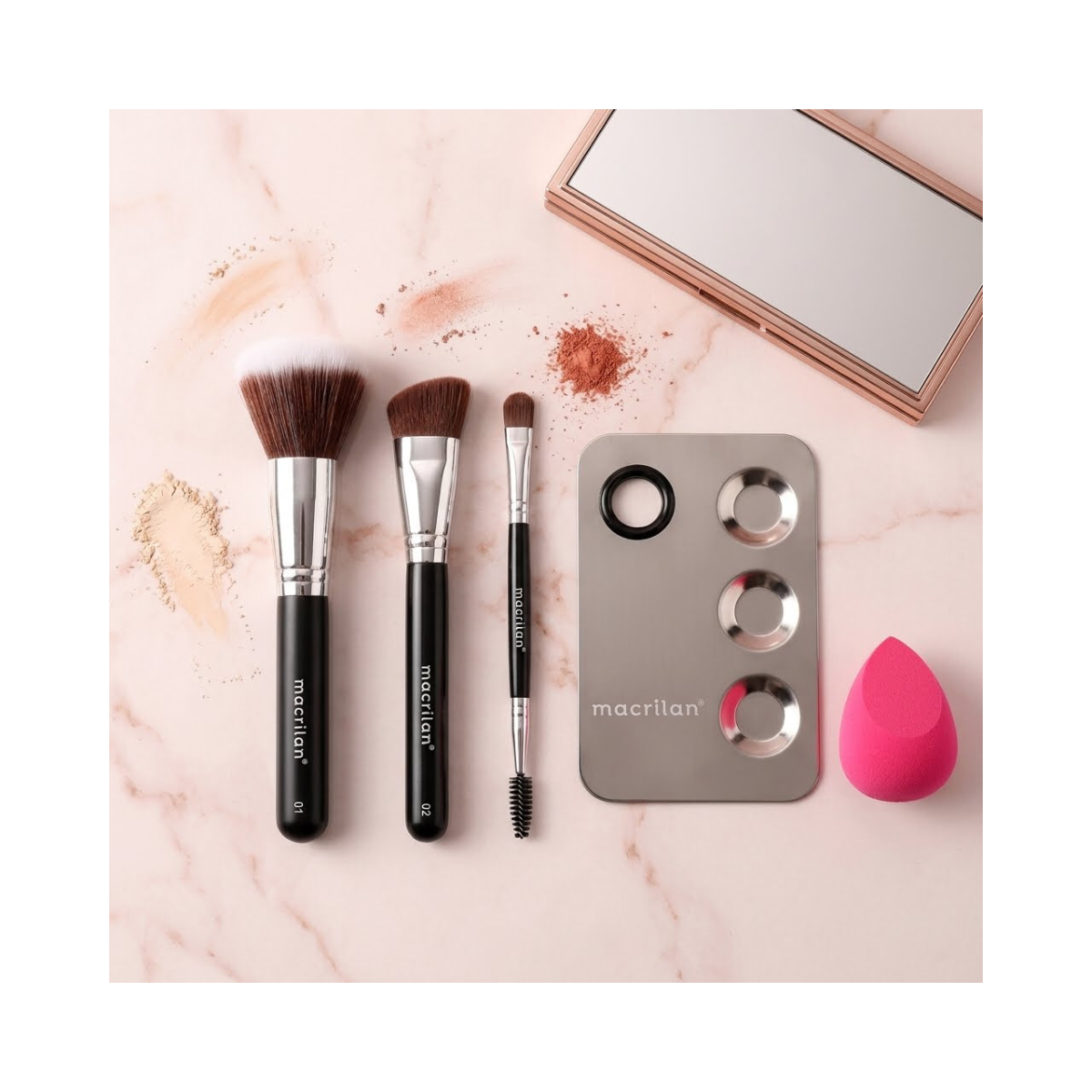 KIT KP10-1 COM 3 PINCÉIS PARA MAQUIAGEM, 1 ESPONJA E 1 PLACA MACRILAN