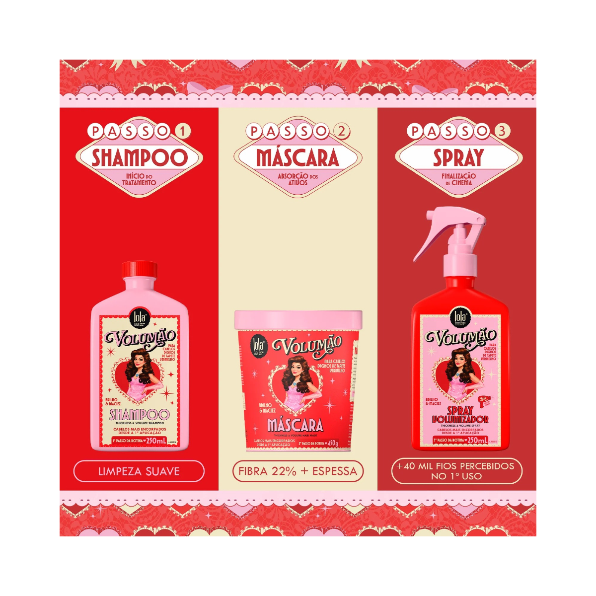 KIT LOLA VOLUMÃO SHAMPOO 250ML + MÁSCARA 450G + SPRAY 250ML