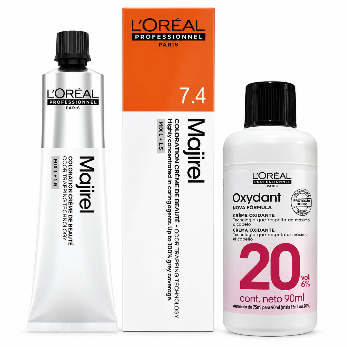 KIT LOREAL COLORAÇÃO MAJIREL 7.4 LOURO ACOBREADO 60G + OX 20V 90ML