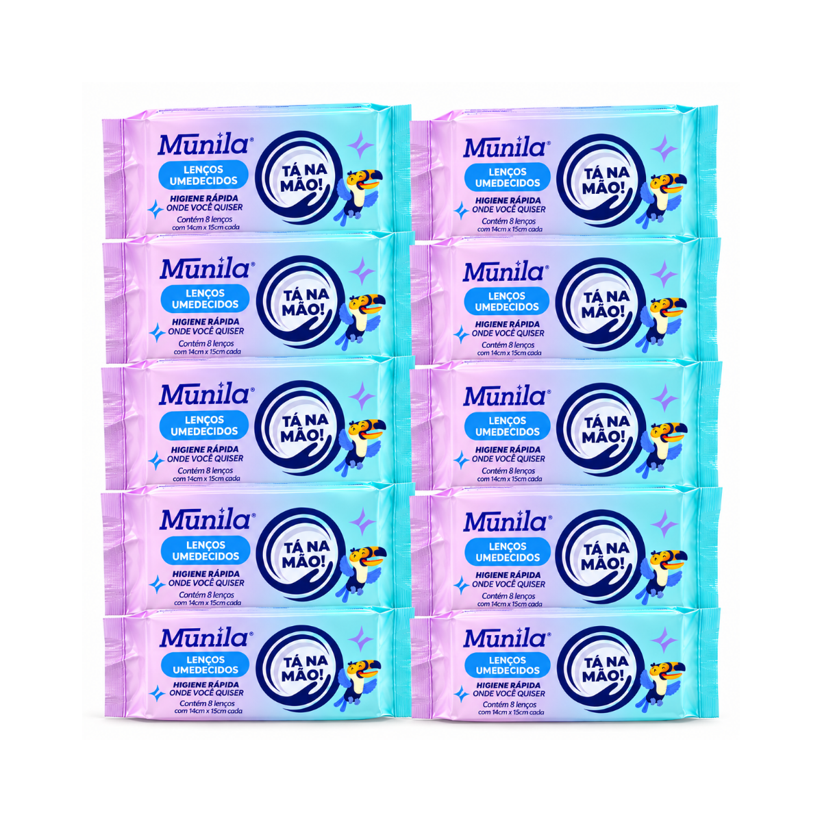 KIT MUNILA 10 LENÇOS UMEDECIDOS C/8 TÁ NA MÃO 14CMX15CM CADA (80 LENÇOS)
