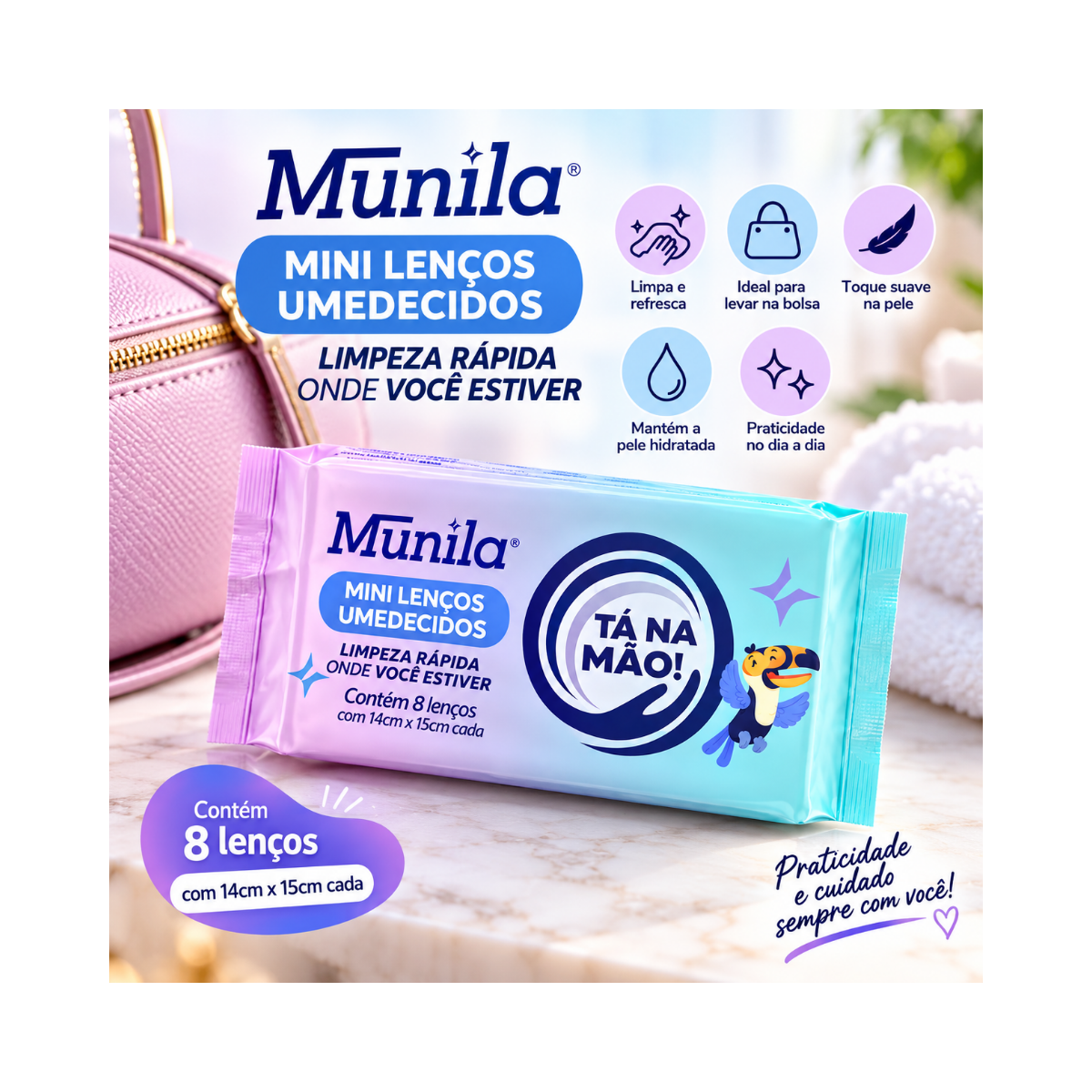 KIT MUNILA 10 LENÇOS UMEDECIDOS C/8 TÁ NA MÃO 14CMX15CM CADA (80 LENÇOS)