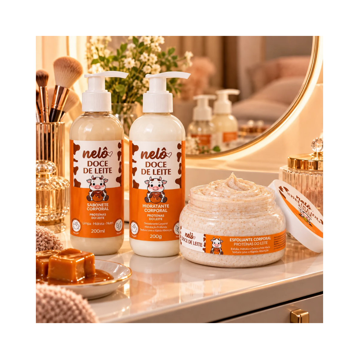 KIT NELÔ DOCE DE LEITE HIDRATANTE 200G + SABONETE 200ML + ESFOLIANTE 200G