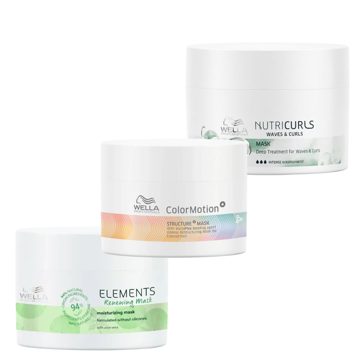 KIT WELLA 3 MÁSCARAS DE 150ML NUTRICURLS + COLOR MOTION + ELEMENTS