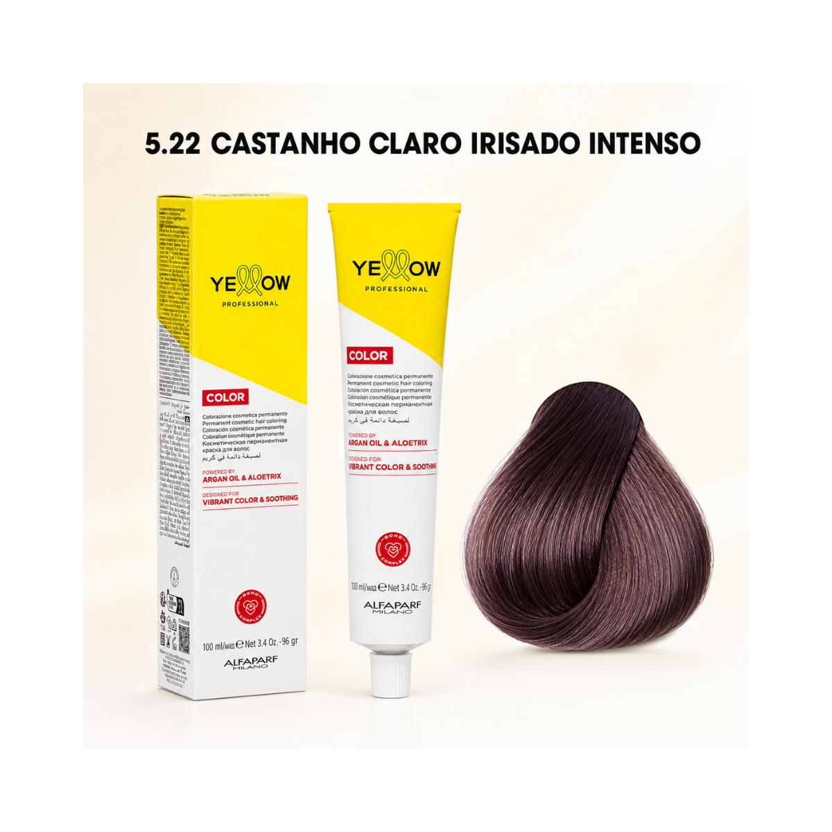 KIT YELLOW COLORAÇÃO 5.22 CASTANHO CLARO IRISADO INTENSO + OX 20 VOLUMES