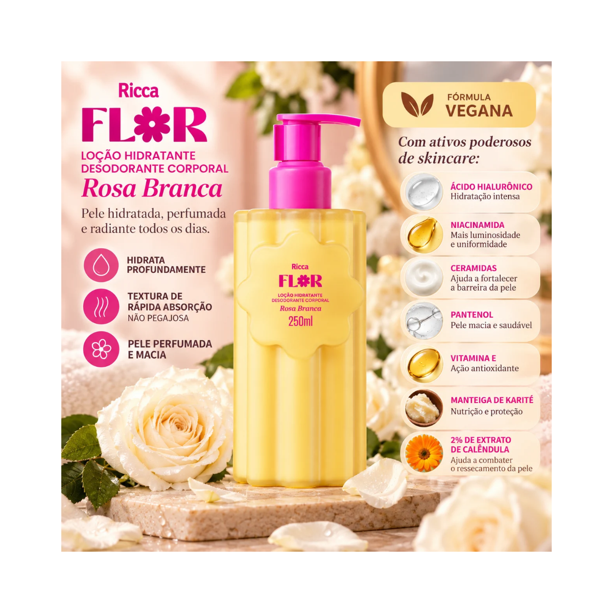 LOÇÃO HIDRATANTE DEO CORPORAL RICCA FLOR ROSA BRANCA 200ML