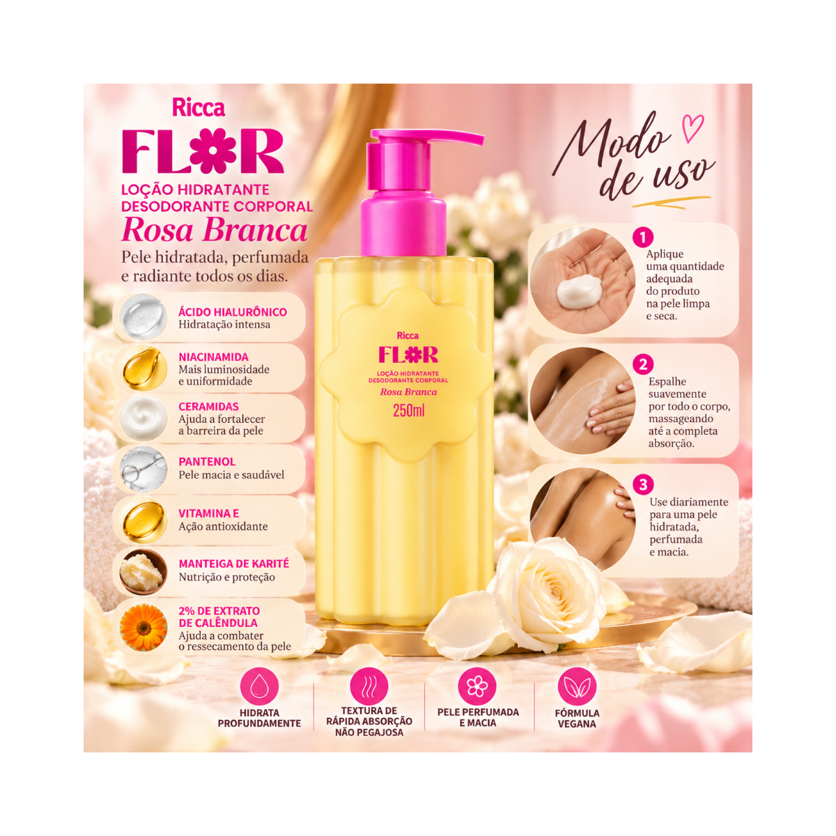 LOÇÃO HIDRATANTE DEO CORPORAL RICCA FLOR ROSA BRANCA 200ML