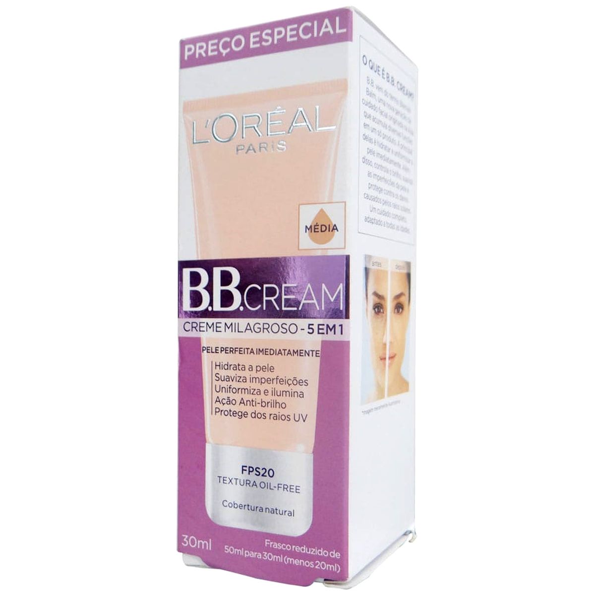 BB CREAM MÉDIA 5 EM 1 TEXTURA OIL FREE FPS 20 LÓREAL PARIS 30G